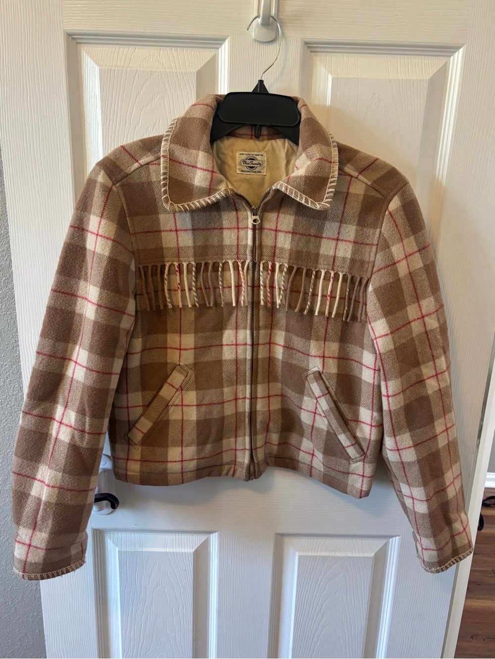Blue Family By Benetton Checkered Fringe Wool Jacket Western Style Size 42 Italy